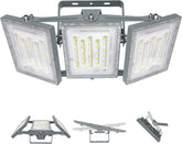 Triple-head LED flood light with adjustable panels on a white background
